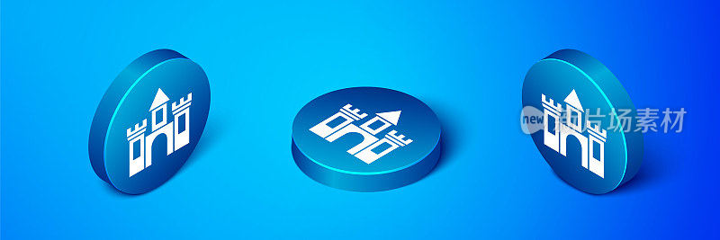 Isometric Castle icon isolated on blue background. Medieval fortress with a tower. Protection from enemies. Reliability and defense of the city. Blue circle button. Vector